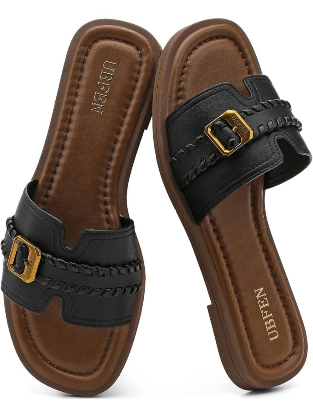 Women's Black Brown Square Toe Flat Sandals Slides Dressy Comfortable for Beach